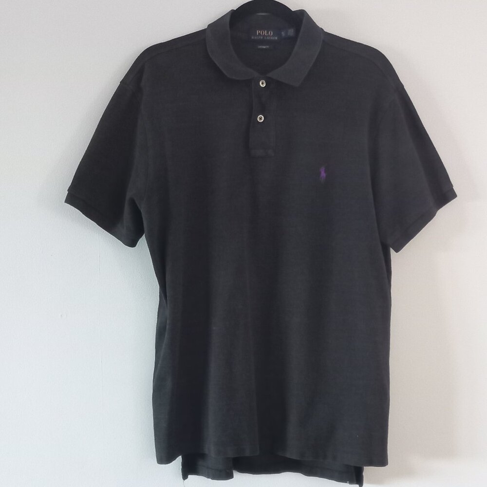 POLO RALPH LAUREN dark grey short sleeve polo shirt with purple pony